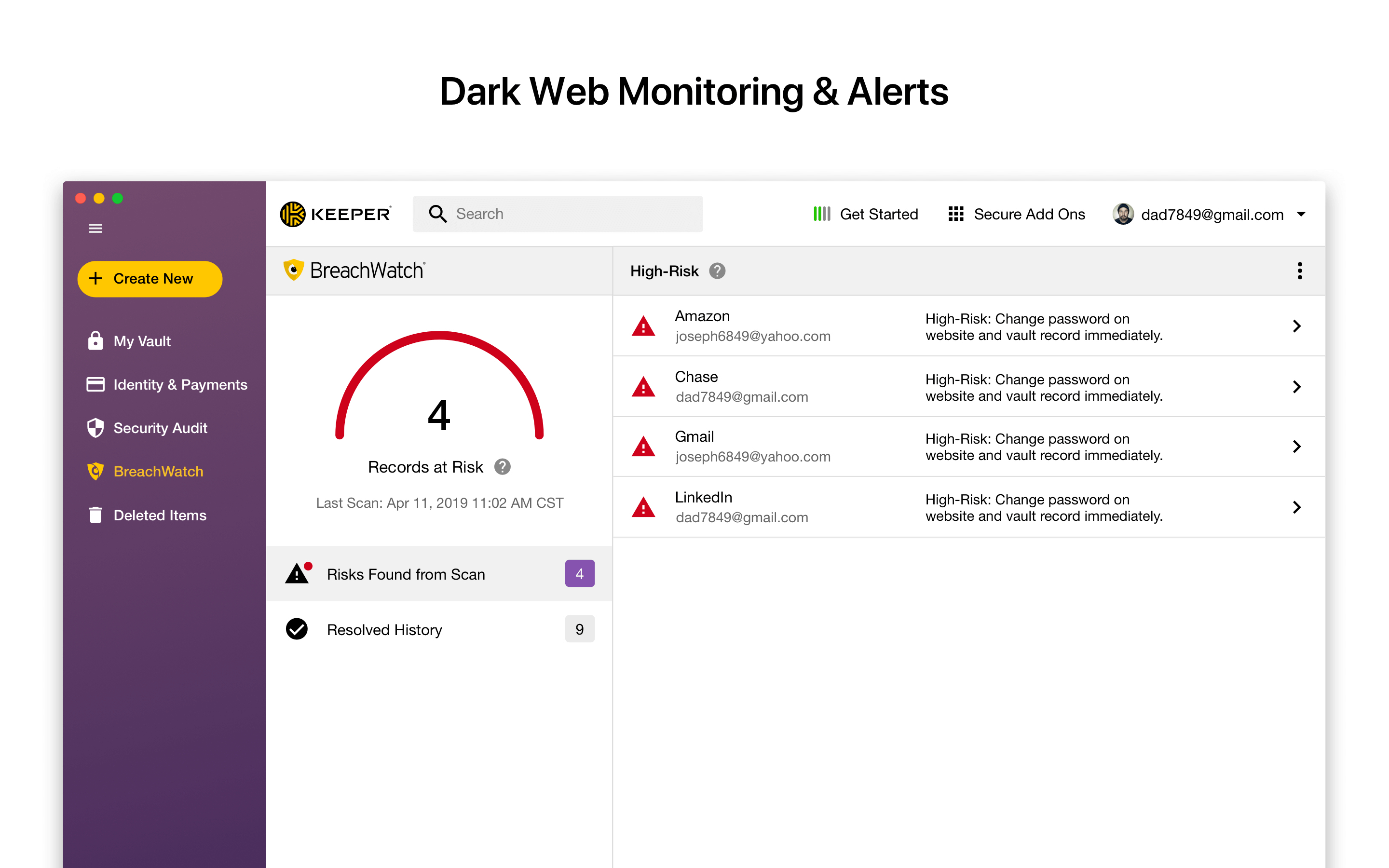 Dark web monitoring and alerts