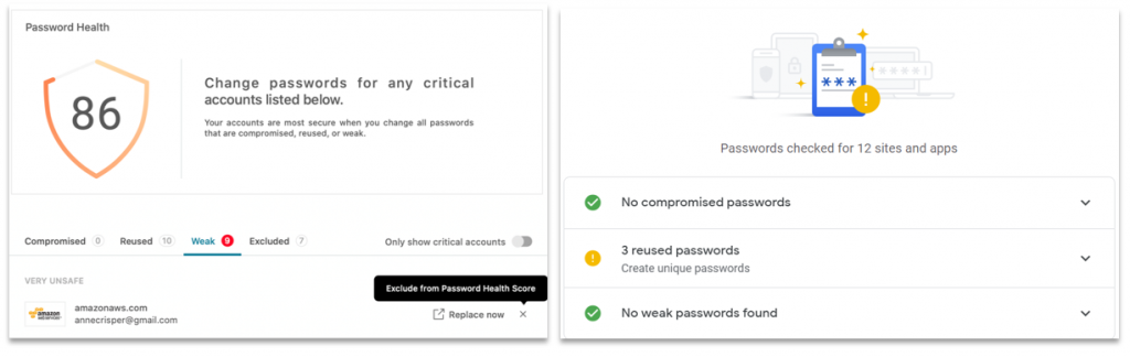 Screenshots showing the functionality to check the health of your passwords in Dashlane and Google Password Manager