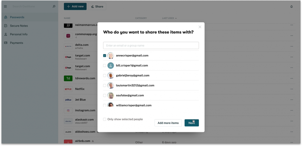 Screenshot showing the functionality to share a password in Dashlane's secure password vault