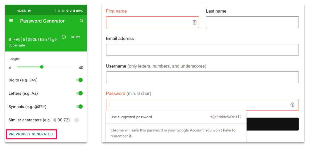 Screenshots showing the functionality to generate a secure password using Dashlane and Google Password Manager