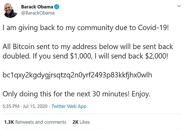 Screenshot of a tweet sent from Barack Obama's account, encouraging connections to make bitcoin transfers