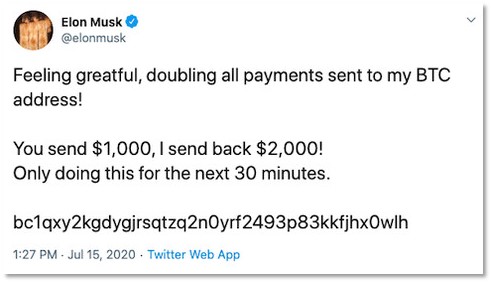 Screenshot of a tweet sent from Elon Musk's account, encouraging connections to make bitcoin transfers