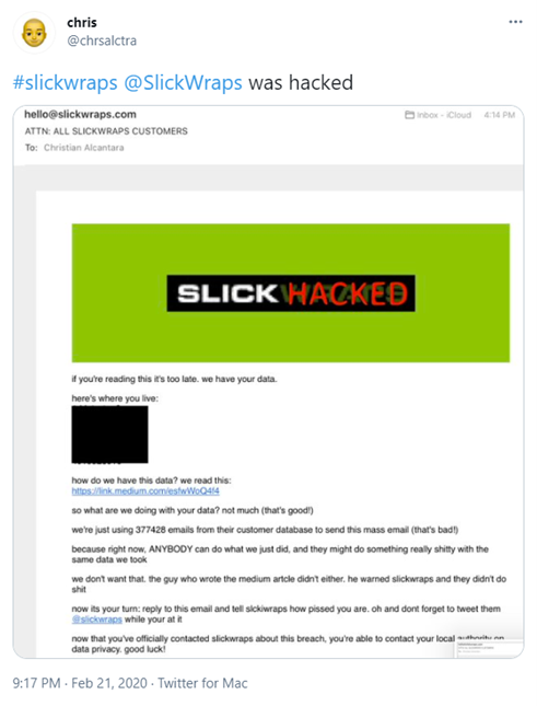 A screenshot of the email that Hacker Two sent to over 350,000 customer addresses from the unprotected database using a Slickwraps email address