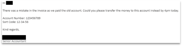 An email in which the sender asks the recipient to transfer money directly to their account as result of a supposed invoice mistake. 