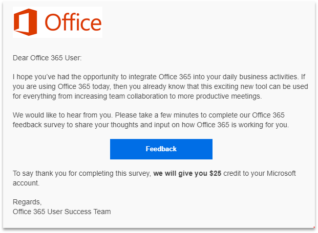An email that appears to be from Microsoft Office 365, but is in fact a spoofing phishing attack.