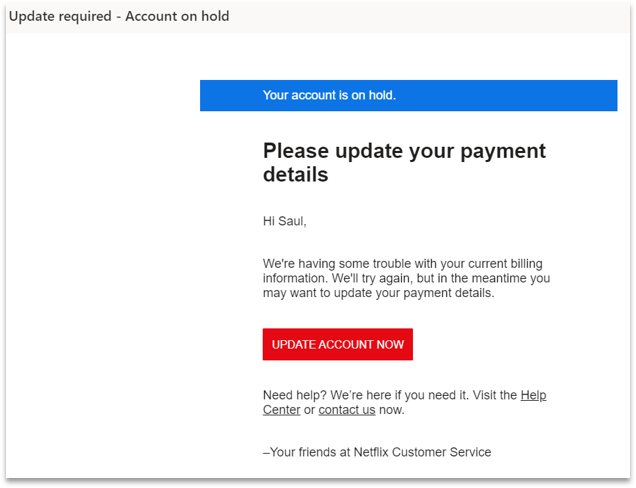 An email in which the recipient is being directed to update their account details via a phishing login page. 